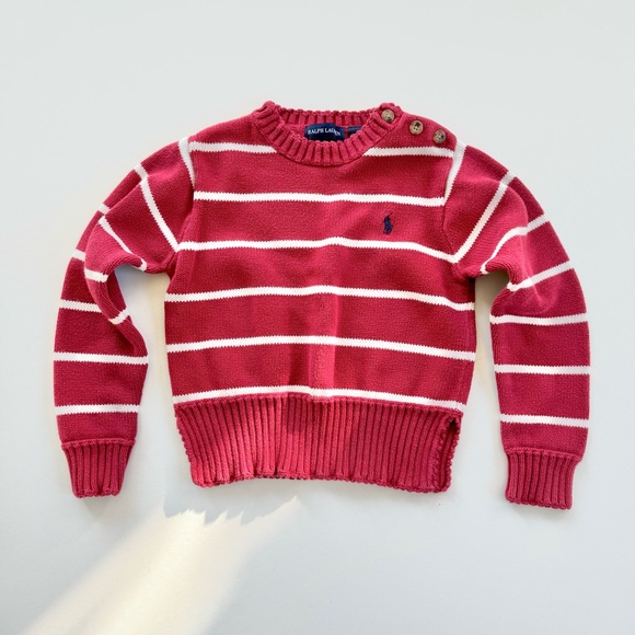 Ralph Lauren Toddler Sweater Red & White Striped w/ Button Accent Sz 6 Cotton - Picture 1 of 8